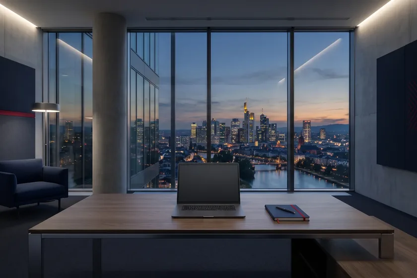 Dunkles Büro in Marineblau mit Stadtpanorama bei Dämmerung