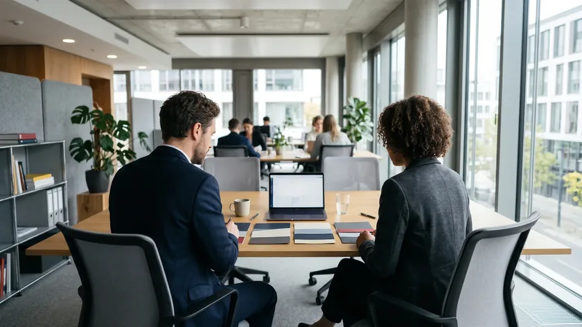 Unternehmer und Versicherungsexpertin vergleichen am Tisch mehrere ausgedruckte Angebote