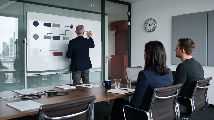 Ein erfahrener Berater skizziert am Whiteboard einen ruhigen Ablauf für den Ernstfall, zwei Kollegen sehen von hinten zu