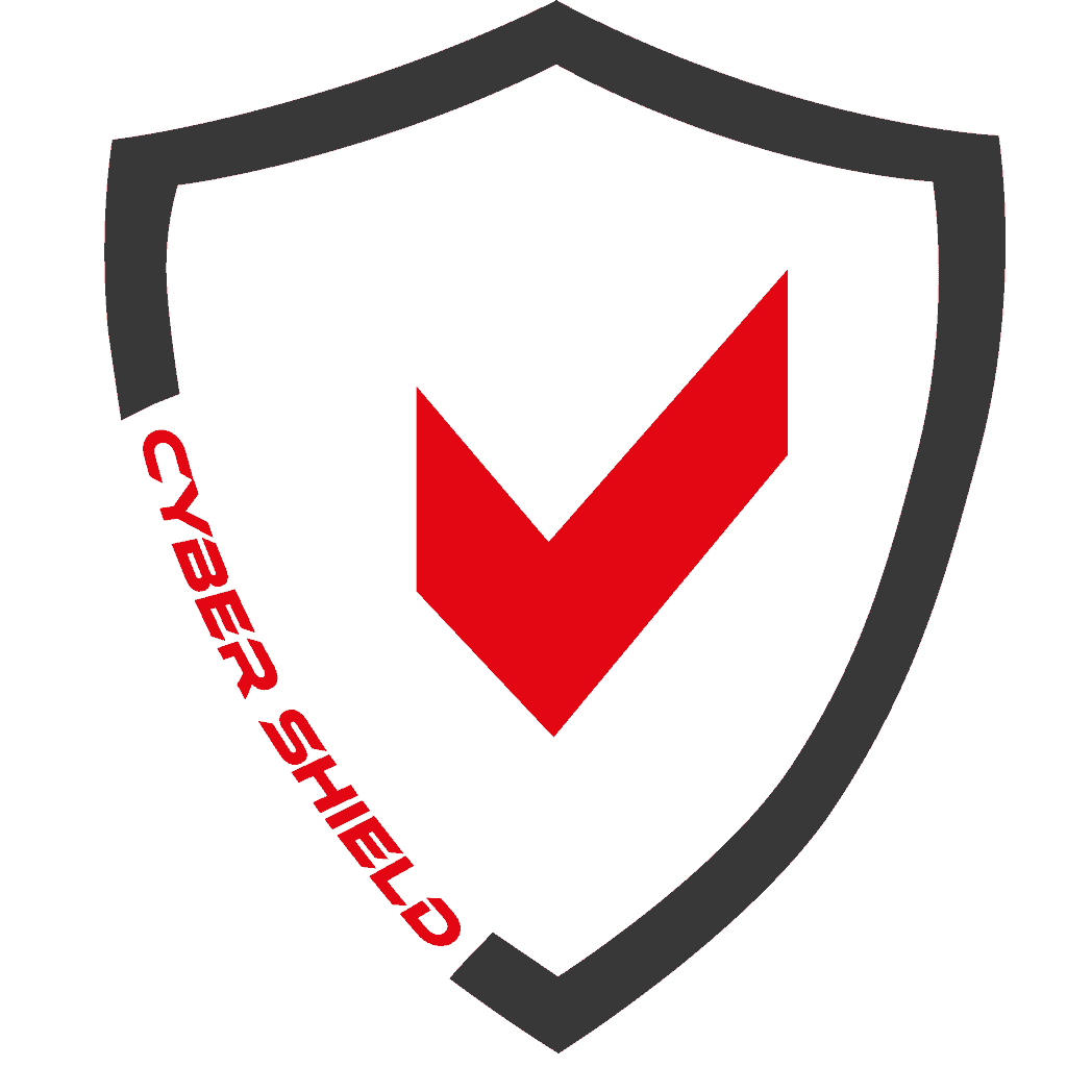 Logo eines Cyber-Schutzschildes mit rotem Häkchen und grauem Rand auf rotem Hintergrund.