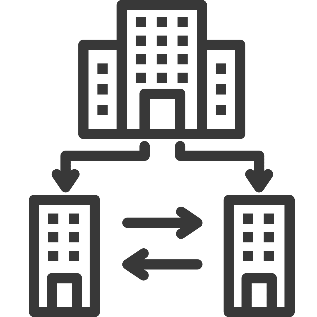 Grafik mit drei Gebäuden, die durch Pfeile verbunden sind, zur Darstellung von Risikoorten im Inland.