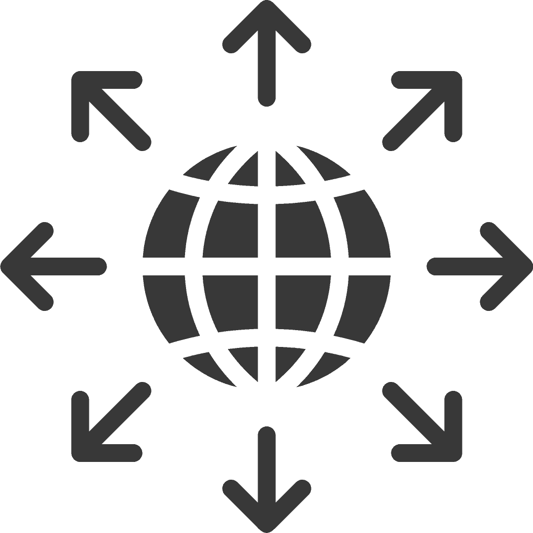 Grafisches Symbol einer Weltkugel mit Pfeilen, die in verschiedene Richtungen zeigen.