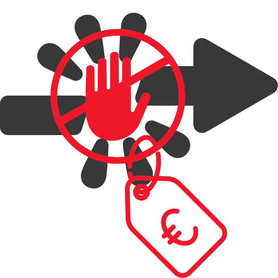 Grafik mit einer roten Hand, die ein Stoppsymbol darstellt, und einem Preisschild mit Euro-Zeichen.