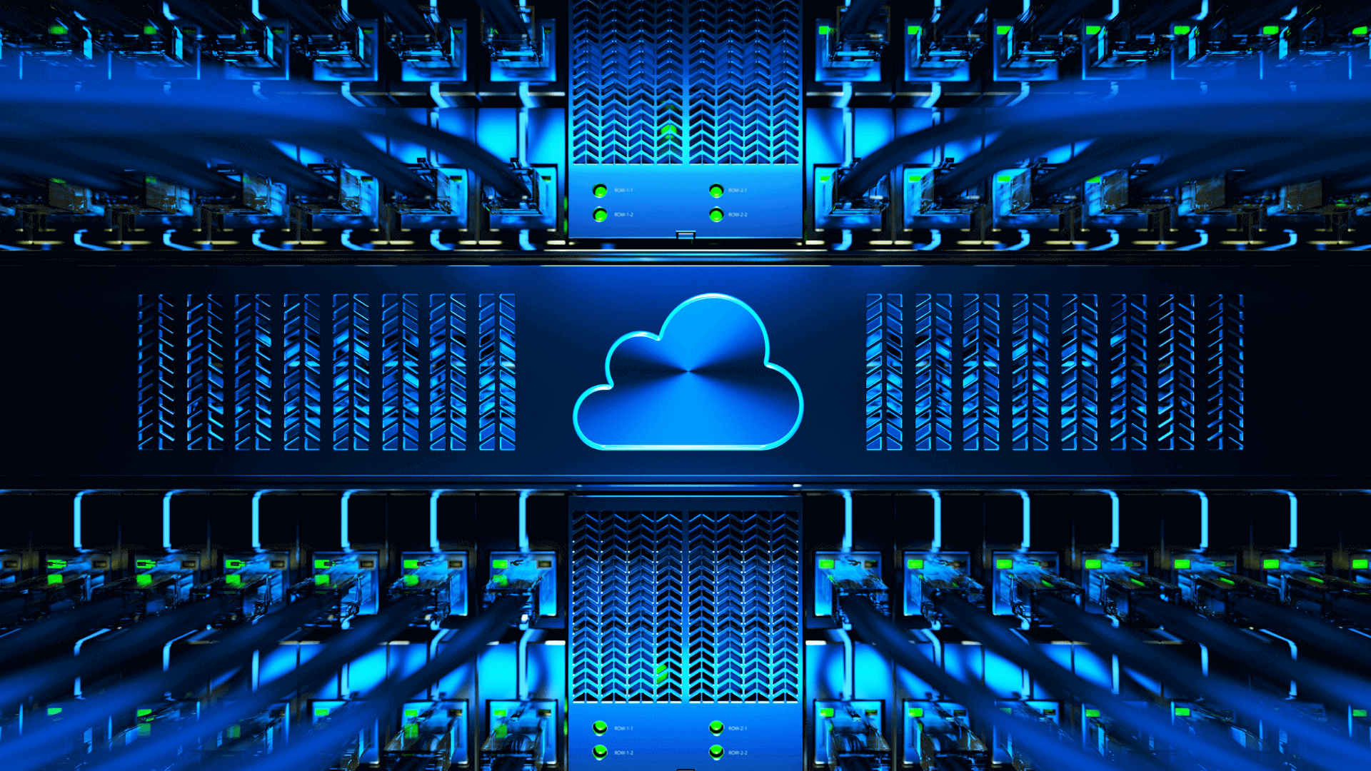 Blaues Cloud-Symbol in der Mitte einer Anordnung von Servern mit grünen Lichtern.