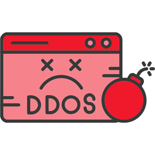 Grafik eines roten Fensters mit DDoS-Symbol und einer Bombe daneben.