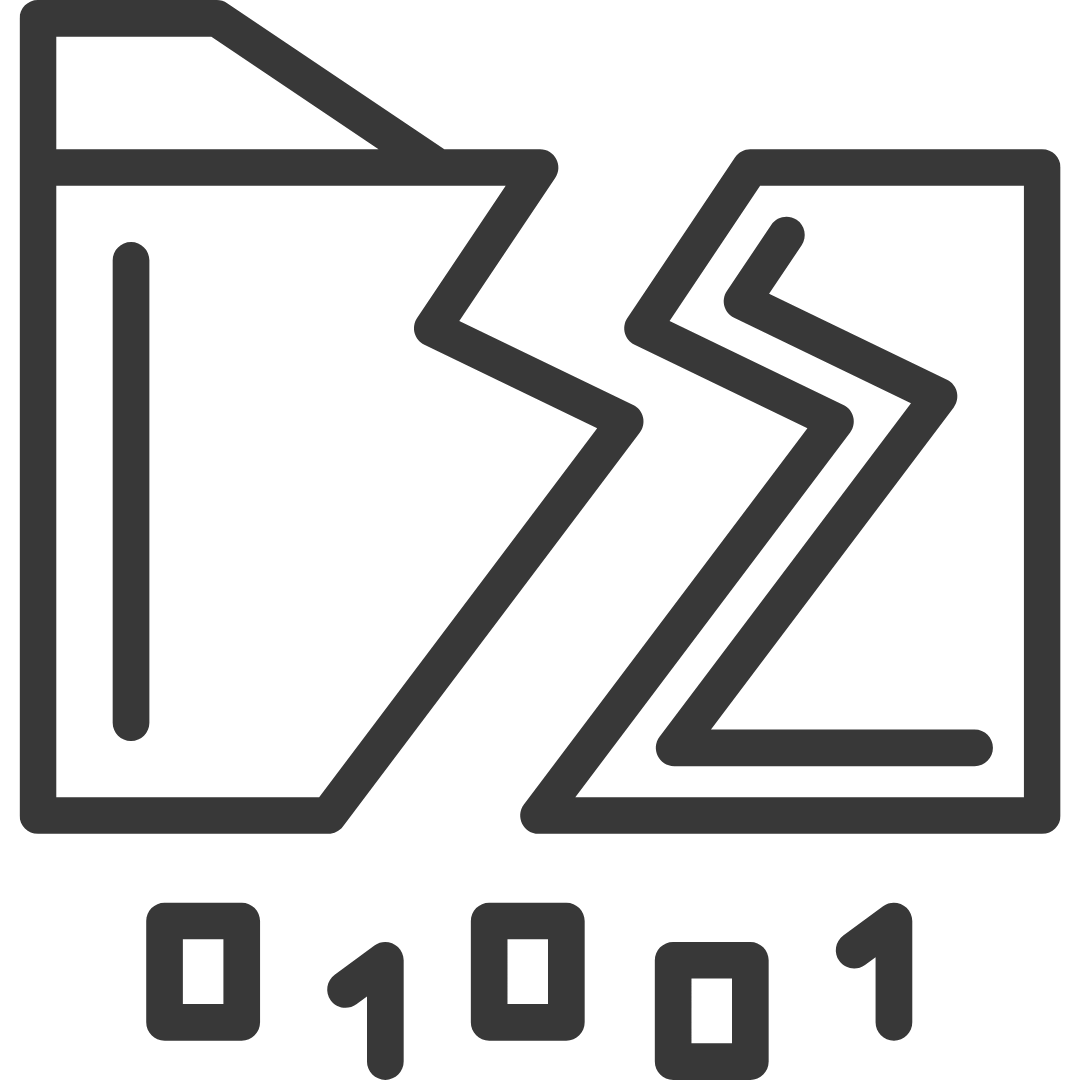 Grafisches Symbol, das einen beschädigten Ordner mit binären Zahlen darstellt.