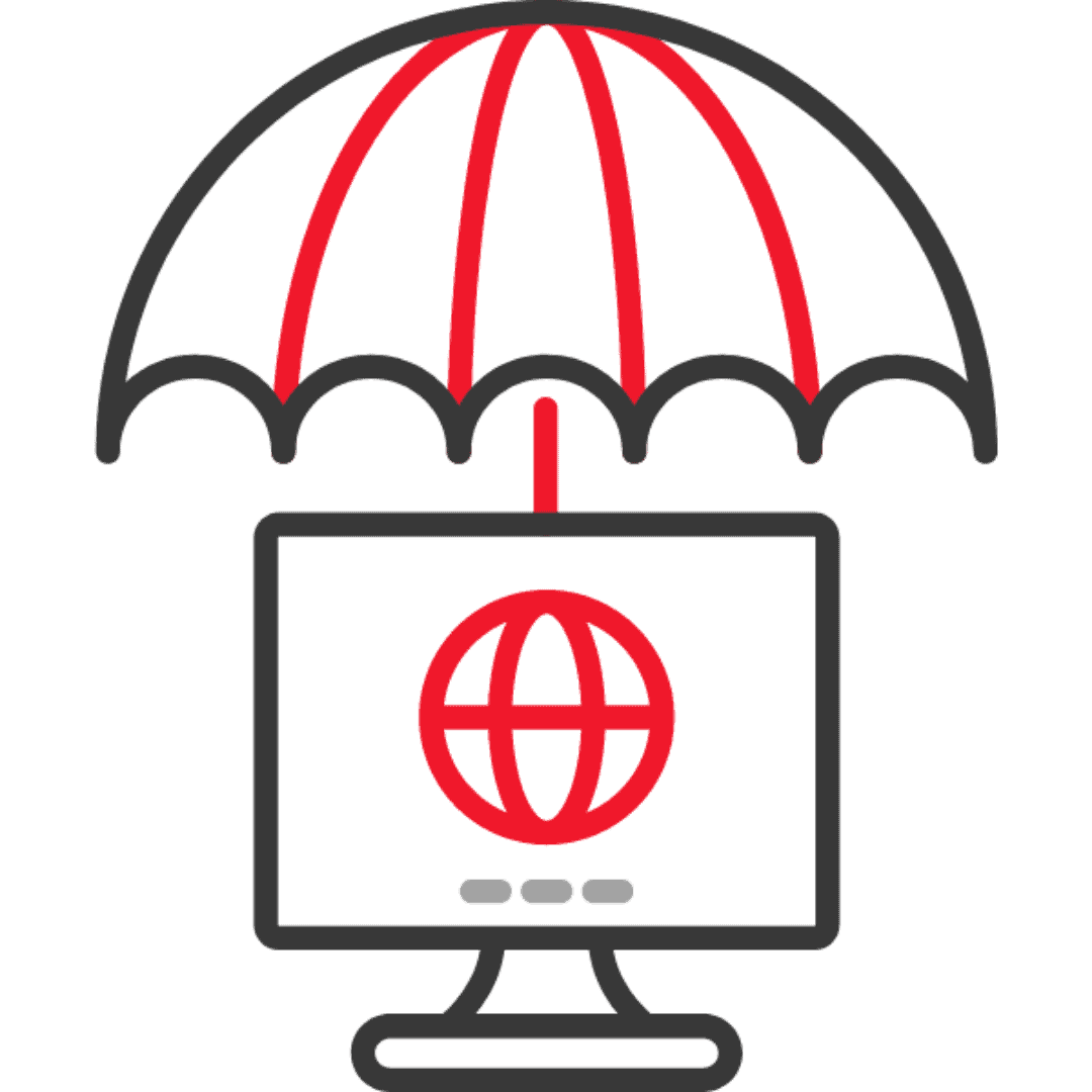 Grafik eines Computers unter einem Regenschirm, symbolisiert IT-Sicherheit und Schutz.