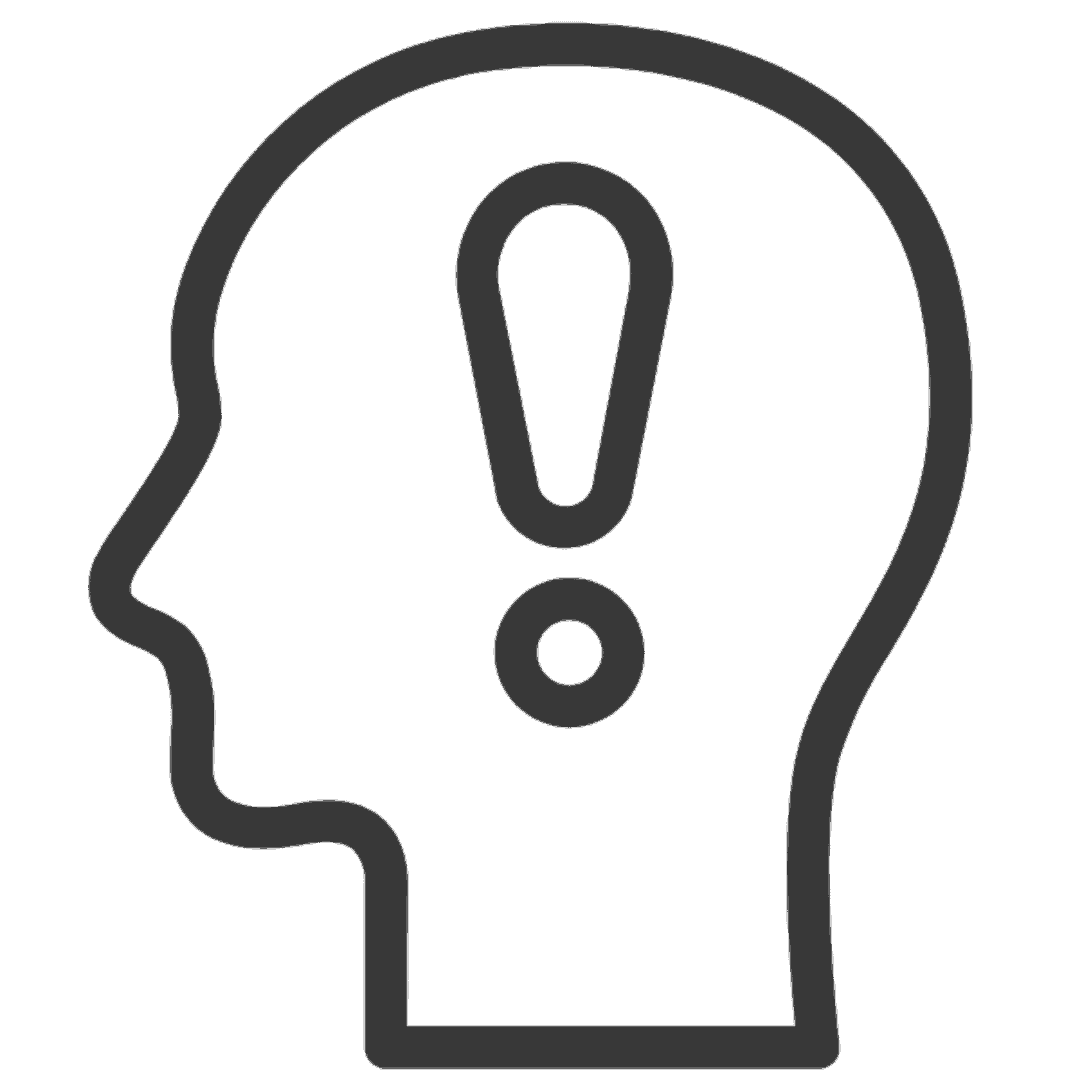 Grafik eines Kopfes mit einem Ausrufezeichen und einem Punkt, symbolisiert IT-Sicherheit.