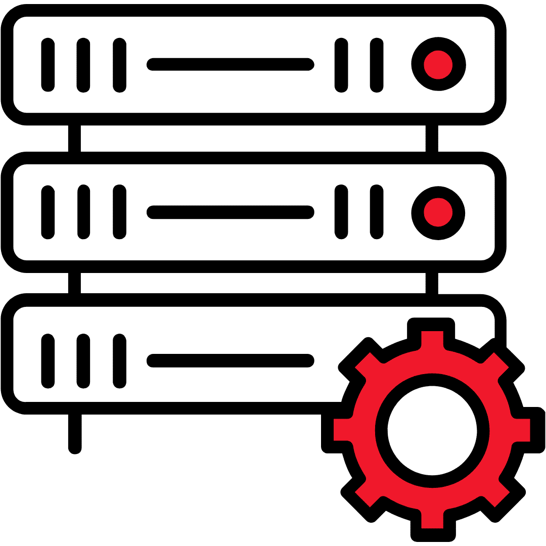 Grafik eines Servers mit einem Zahnrad, das eine IT-Sicherheitskonfiguration darstellt.