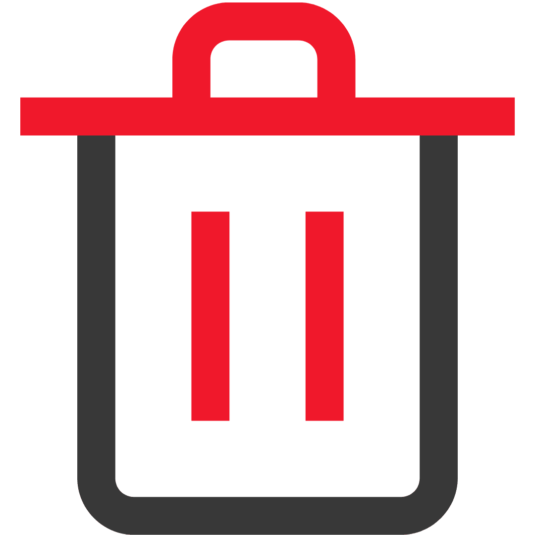 Grafisches Symbol eines roten Papierkorbs mit schwarzem Rand, das Datenlöschung darstellt.