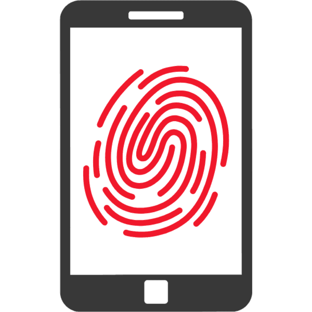 Smartphone mit einem roten Hintergrund und einem Fingerabdruck-Symbol auf dem Bildschirm.