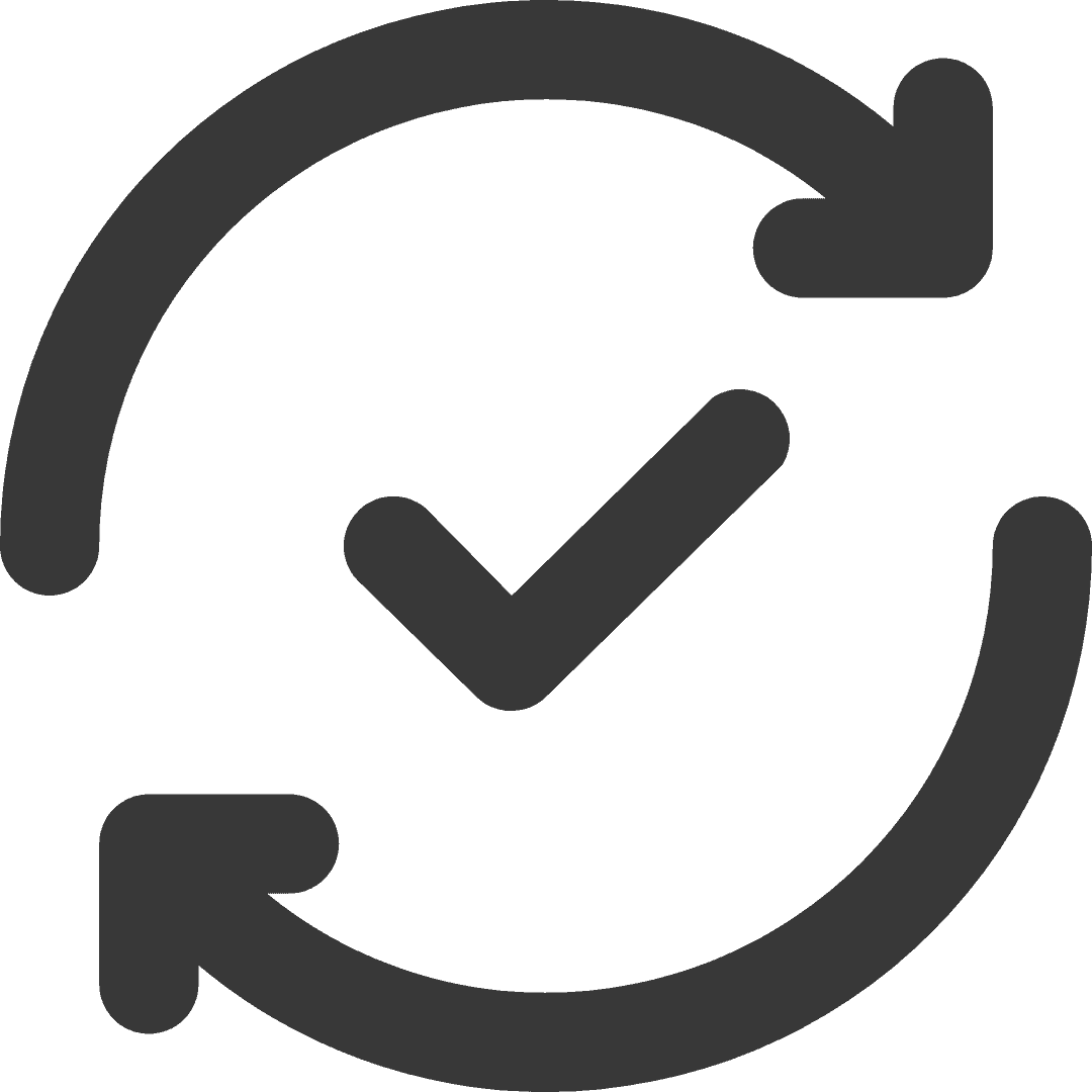 Symbol mit zwei Pfeilen und einem Häkchen, das IT-Sicherheit und Patchmanagement darstellt.