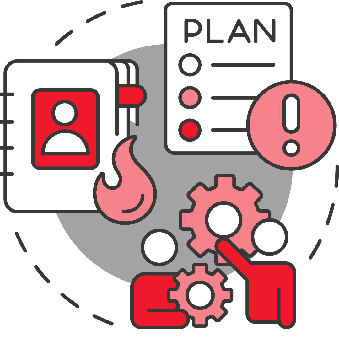 Grafik mit einem Notizbuch, einem Plan und zwei Personen, die an Zahnrädern arbeiten.