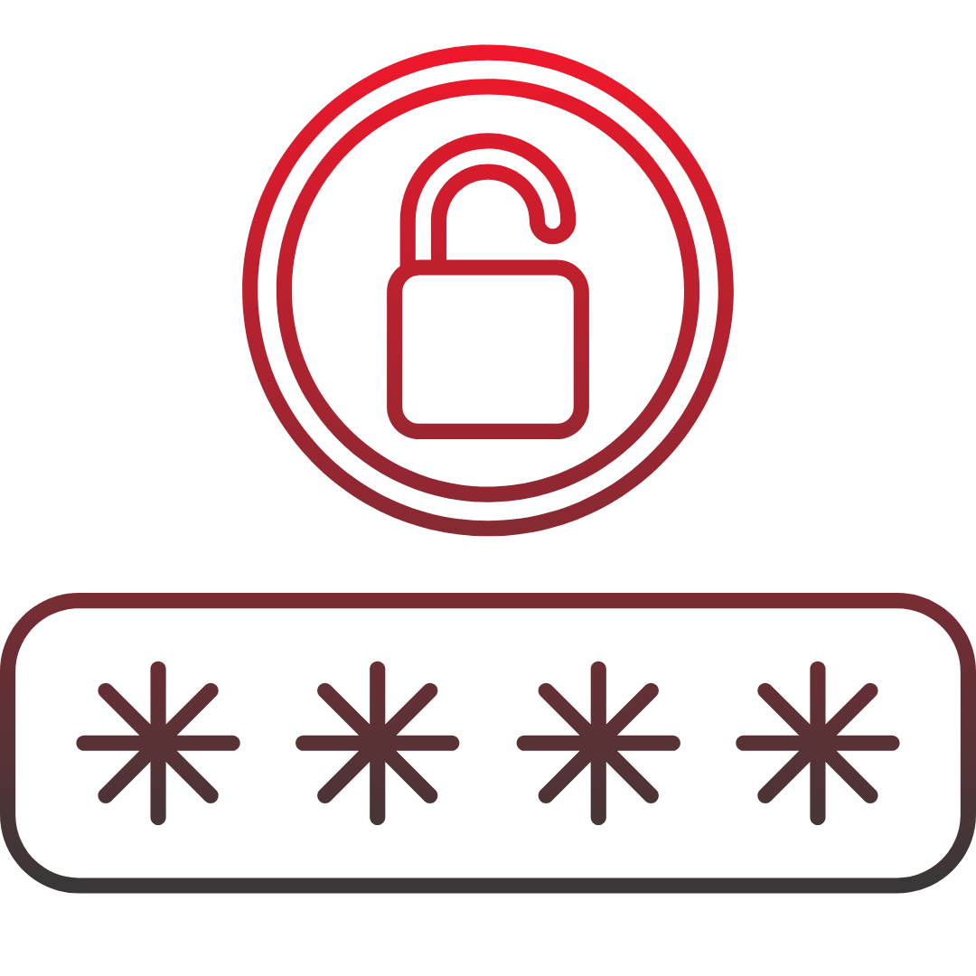 Grafik eines offenen Vorhängeschlosses und eines Passwortfeldes mit Sternen in rotem Design.