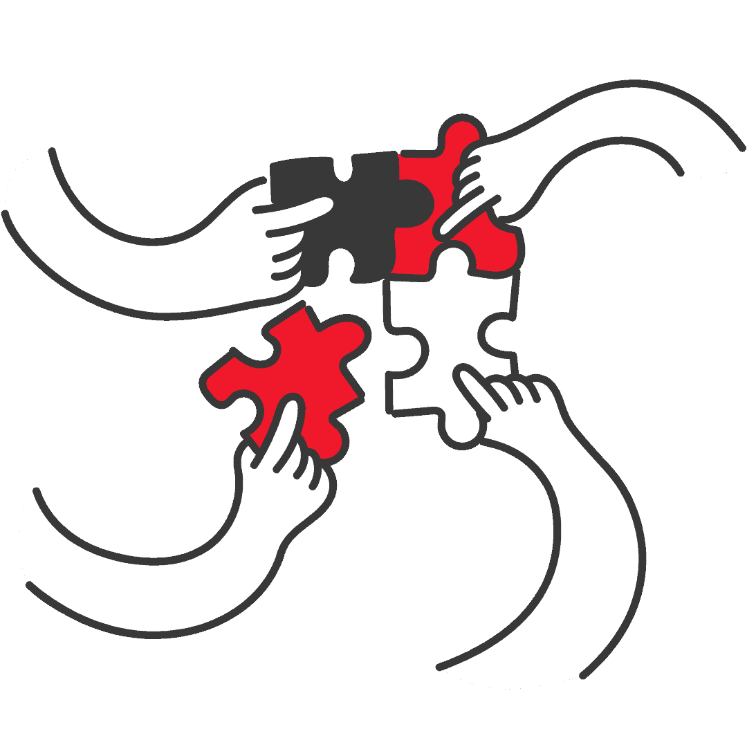 Cyberversicherung Illustration von drei Händen, die vier Puzzleteile, zwei rote und zwei schwarz-weiße, vor einem grauen Hintergrund verbinden - ein Symbol für Teamwork und Zusammenarbeit im Rahmen der Cyberschutzversicherung. Schützen Sie Ihre IT vor Cyberangriffen mit einer Cyberversicherung