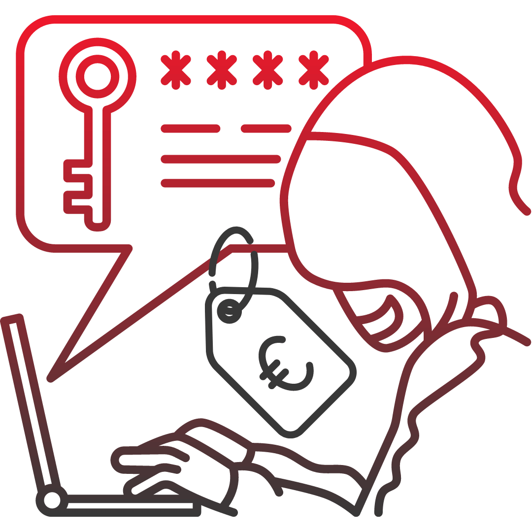 Grafik eines maskierten Individuums, das an einem Laptop arbeitet und ein Schlüssel-Icon sowie ein Preisschild zeigt.