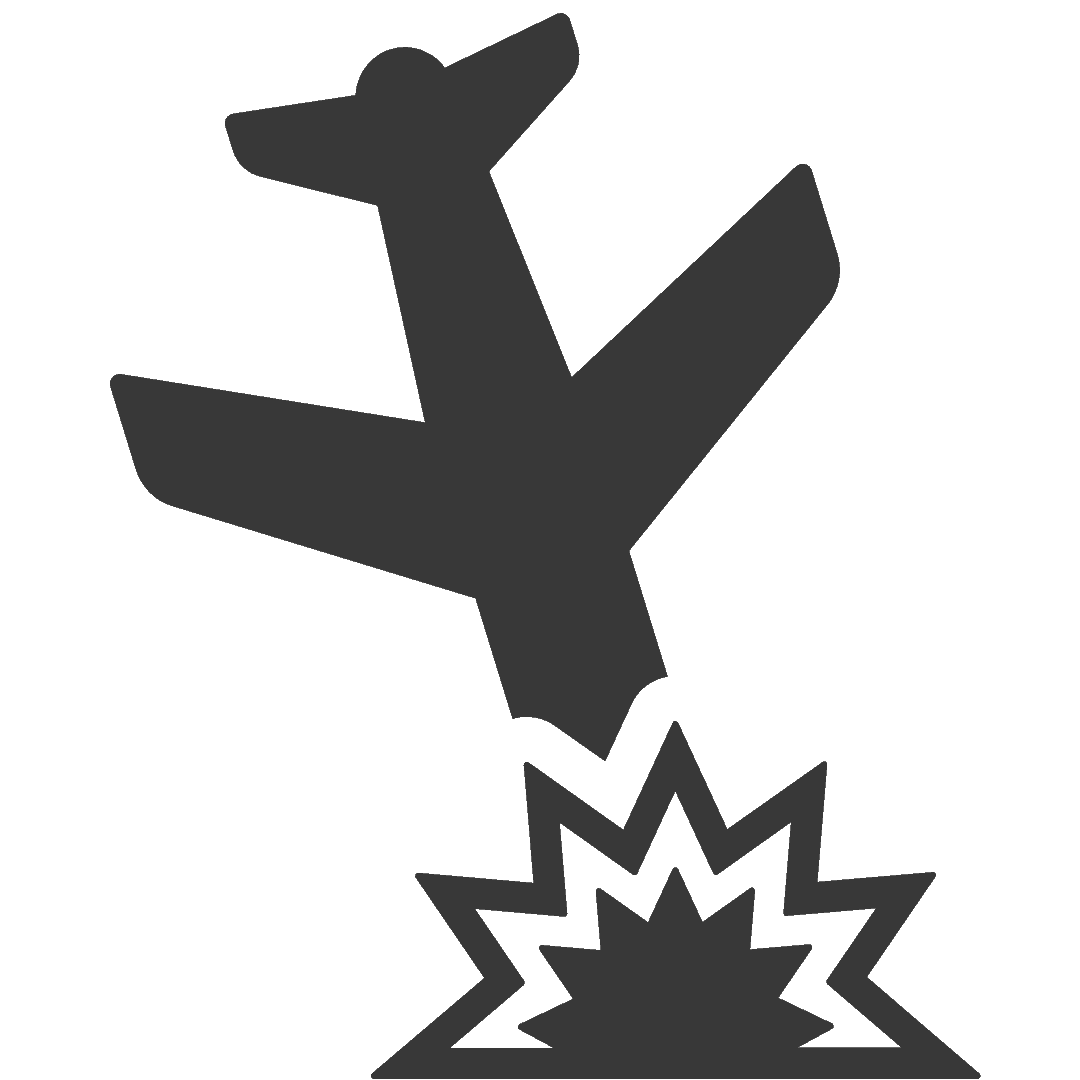 Grafische Darstellung eines Flugzeugs, das in den Boden stürzt, mit einer Explosion darunter.