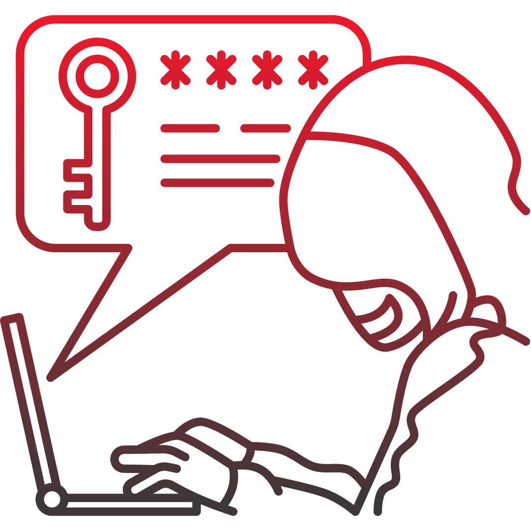 Grafik eines Hackers, der an einem Laptop arbeitet, mit einem Schlüssel und Passwortfeld im Hintergrund.