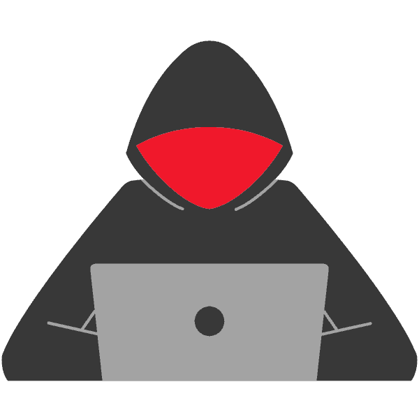 Illustration eines Hackers mit Kapuze, der an einem Laptop arbeitet, mit rotem Innenfutter der Kapuze.