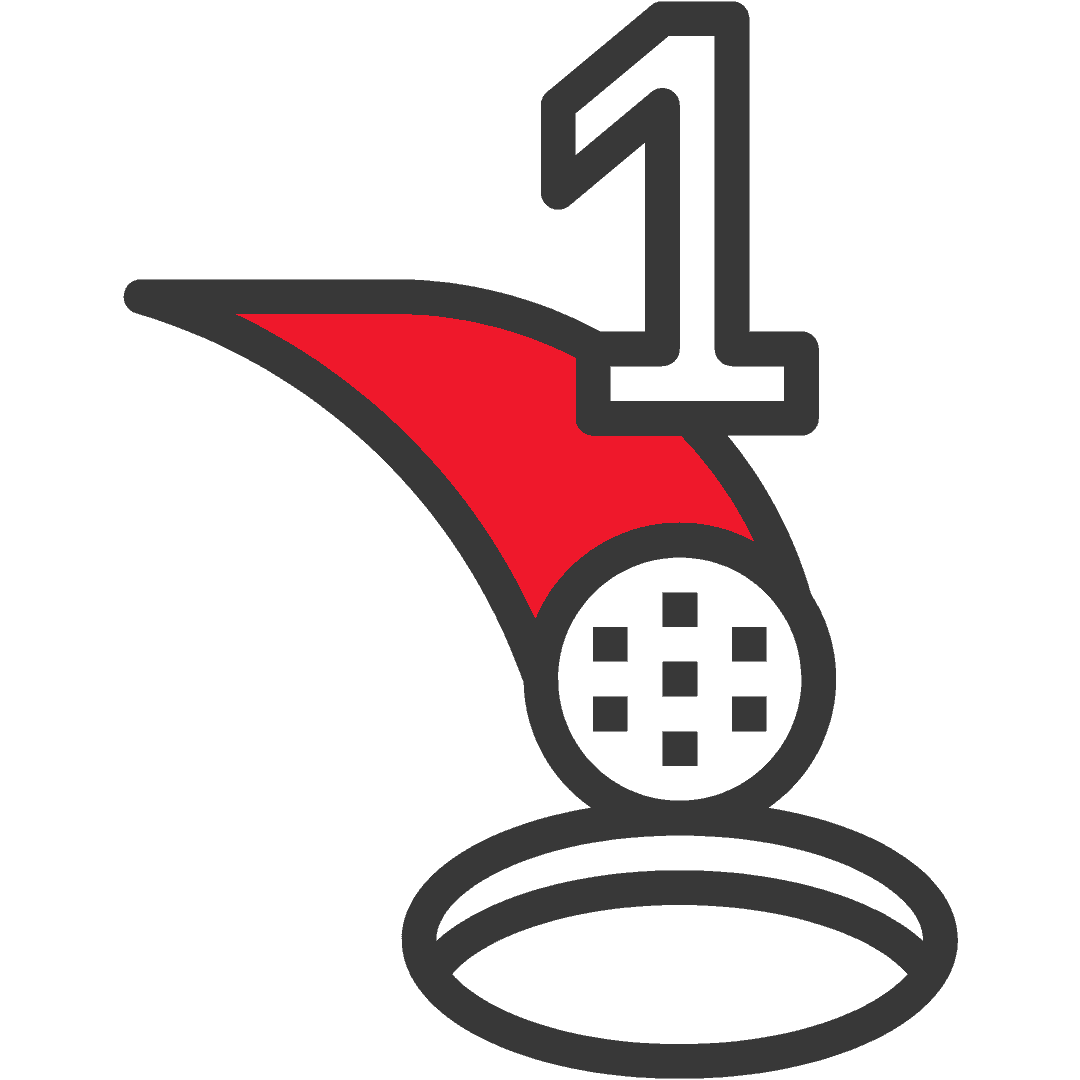 Grafik eines Golflochs mit einer Golfkugel und der Zahl Eins auf rotem Hintergrund.