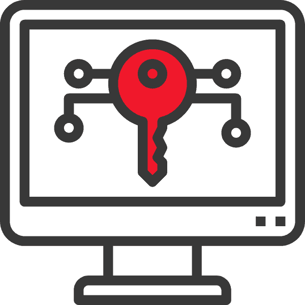 Grafik eines Computerbildschirms mit einem roten Schlüssel-Symbol und Verbindungslinien.