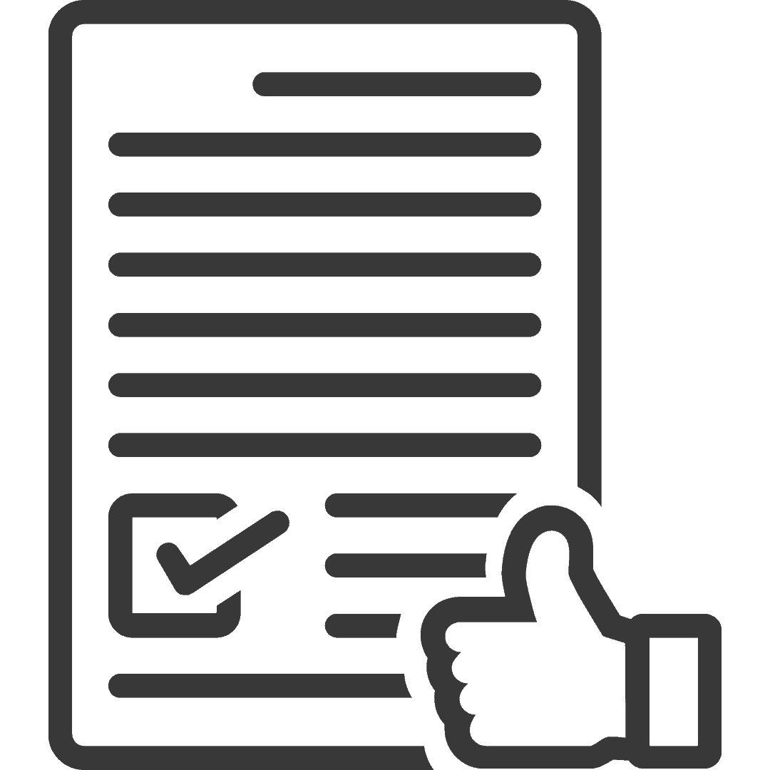 Grafische Darstellung eines Dokuments mit Häkchen und Daumen hoch in schwarz-weiß.