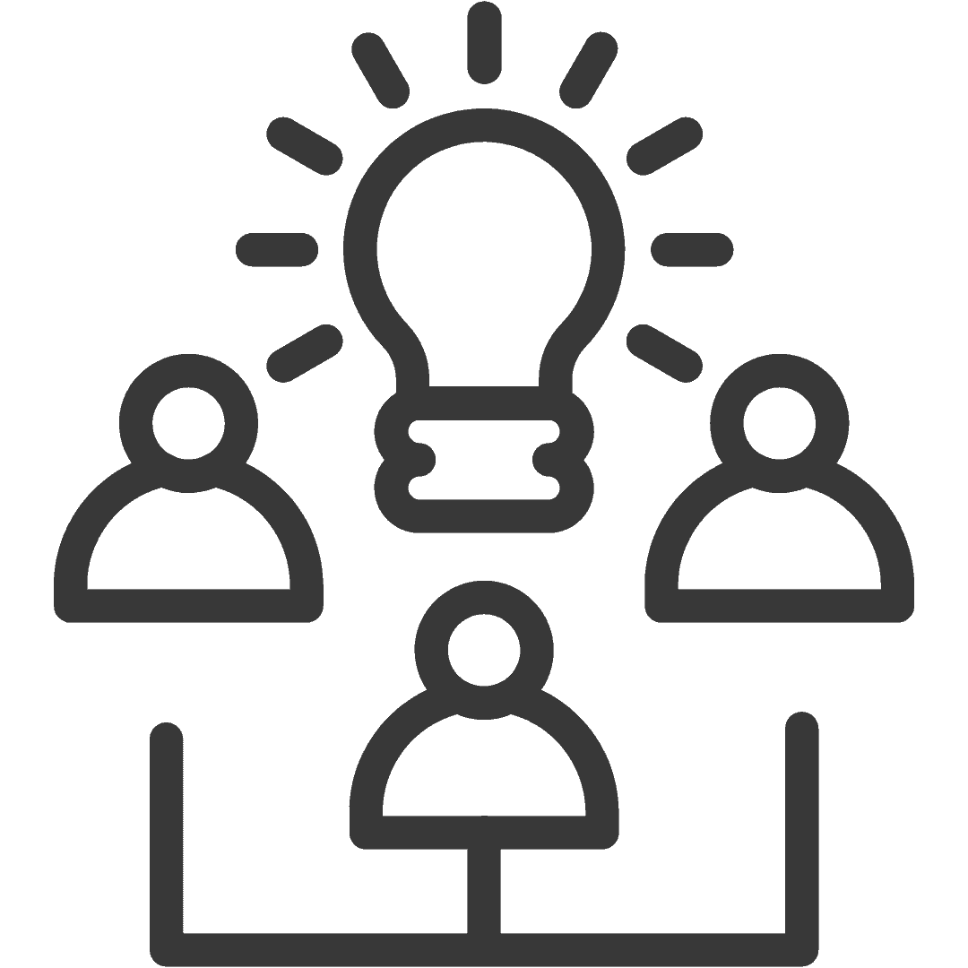 Grafisches Symbol mit einer Glühbirne und drei stilisierten Personen, die Ideen austauschen.