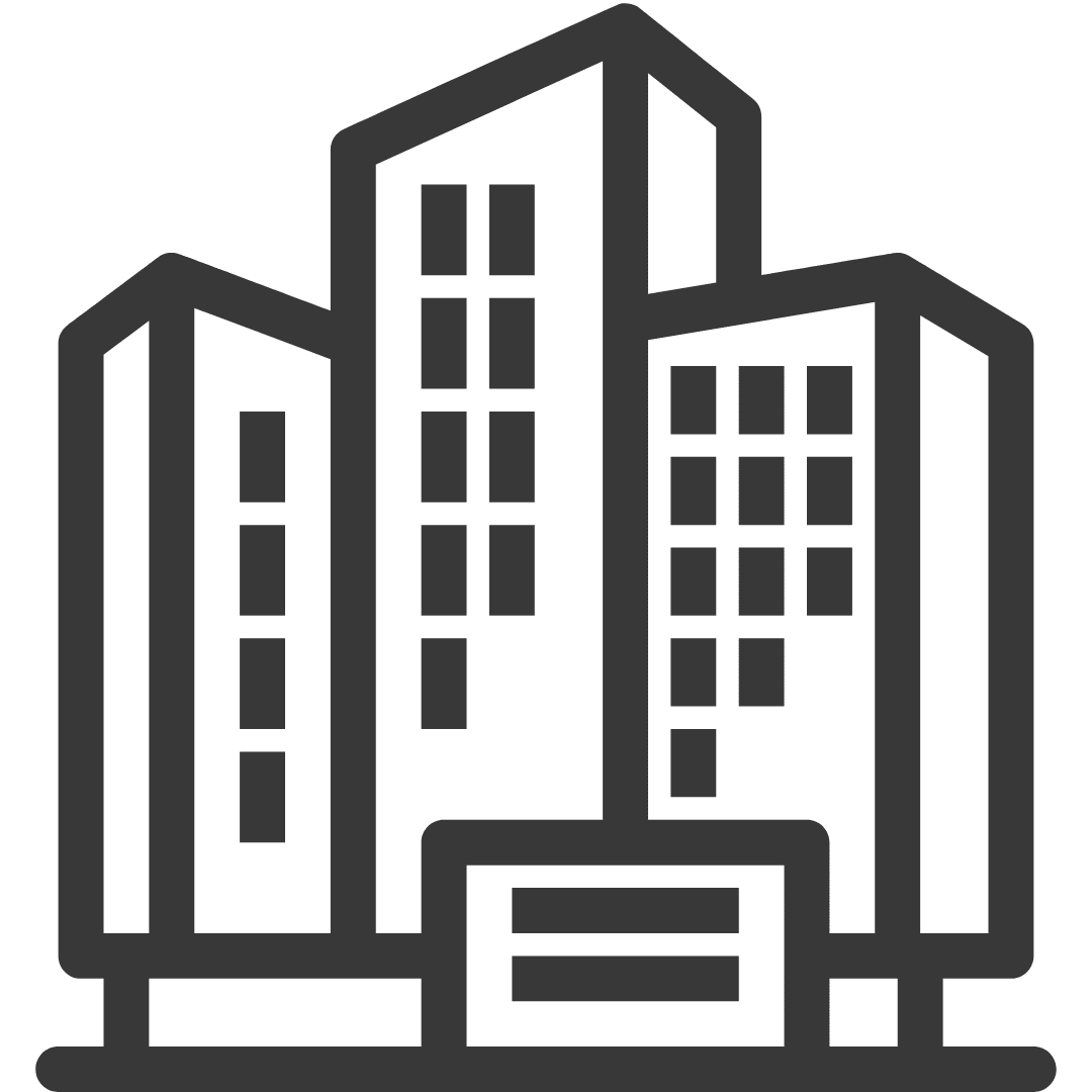 Schwarz-weiße Grafik von mehreren modernen Bürogebäuden mit Fenstern und Eingangsbereich.