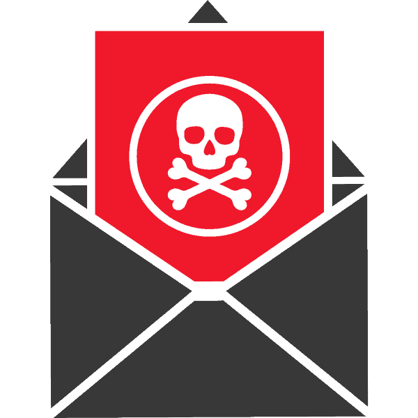 Grafik eines Briefumschlags mit einem roten Banner, das ein Totenkopf- und Knochen-Symbol zeigt.