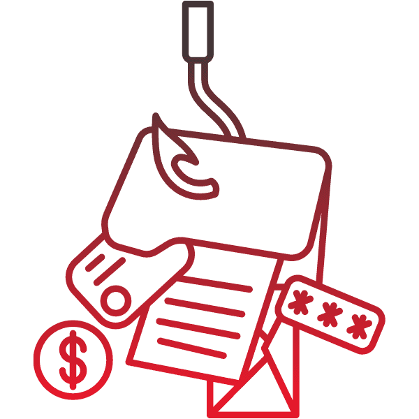 Grafik eines Phishing-Symbols mit einer Kreditkarte, Geld und Dokumenten auf rotem Hintergrund.