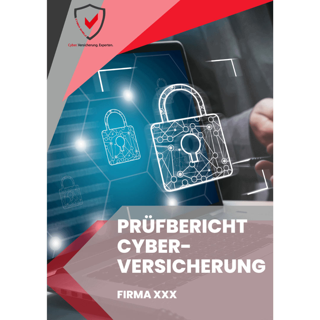 Cover eines Prüfberichts zur Cyber-Versicherung mit grafischen Elementen und einem Schloss-Symbol.