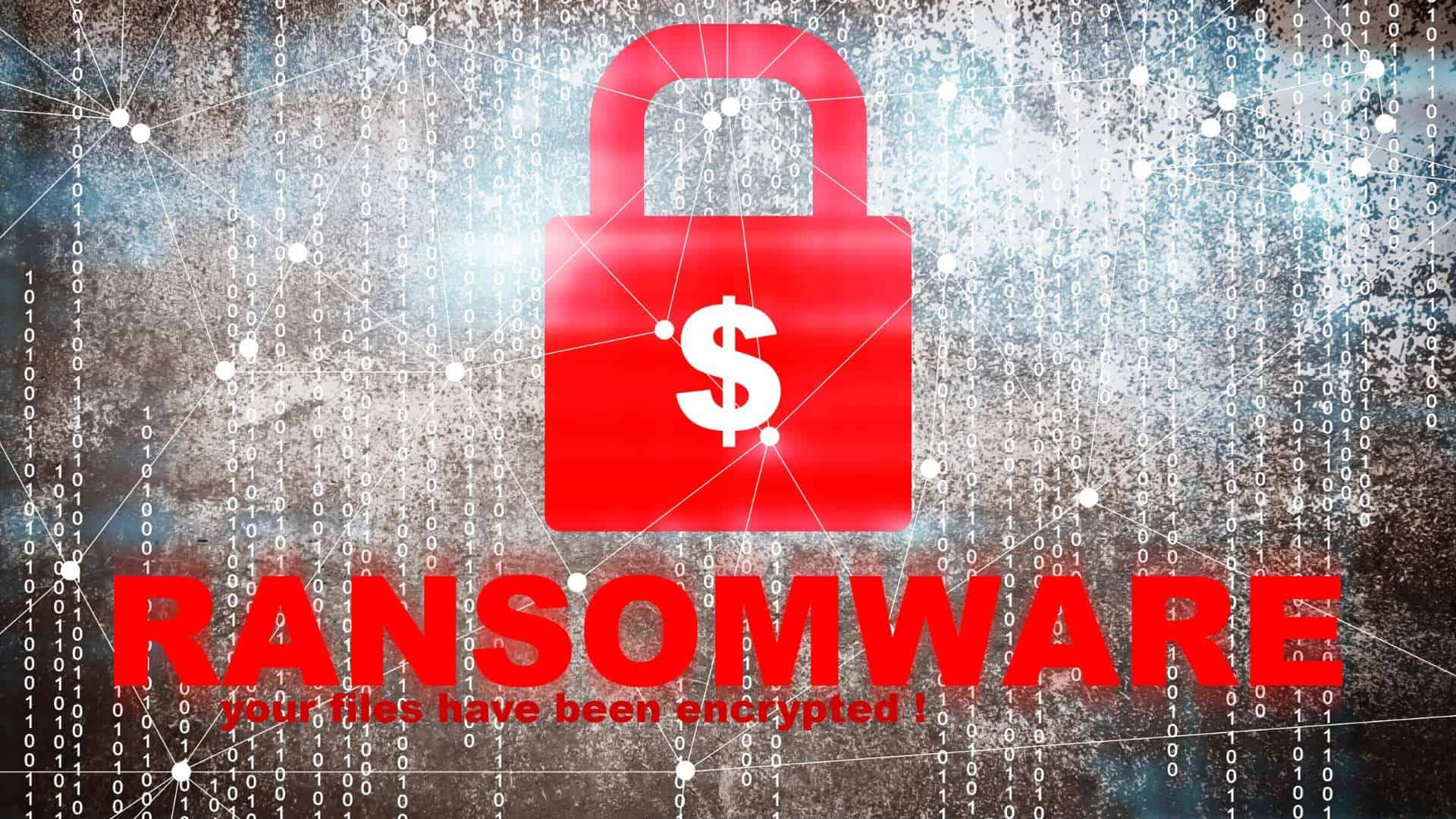Rotes Schloss-Symbol mit Dollarzeichen und dem Text 'Ransomware: Ihre Dateien wurden verschlüsselt!'