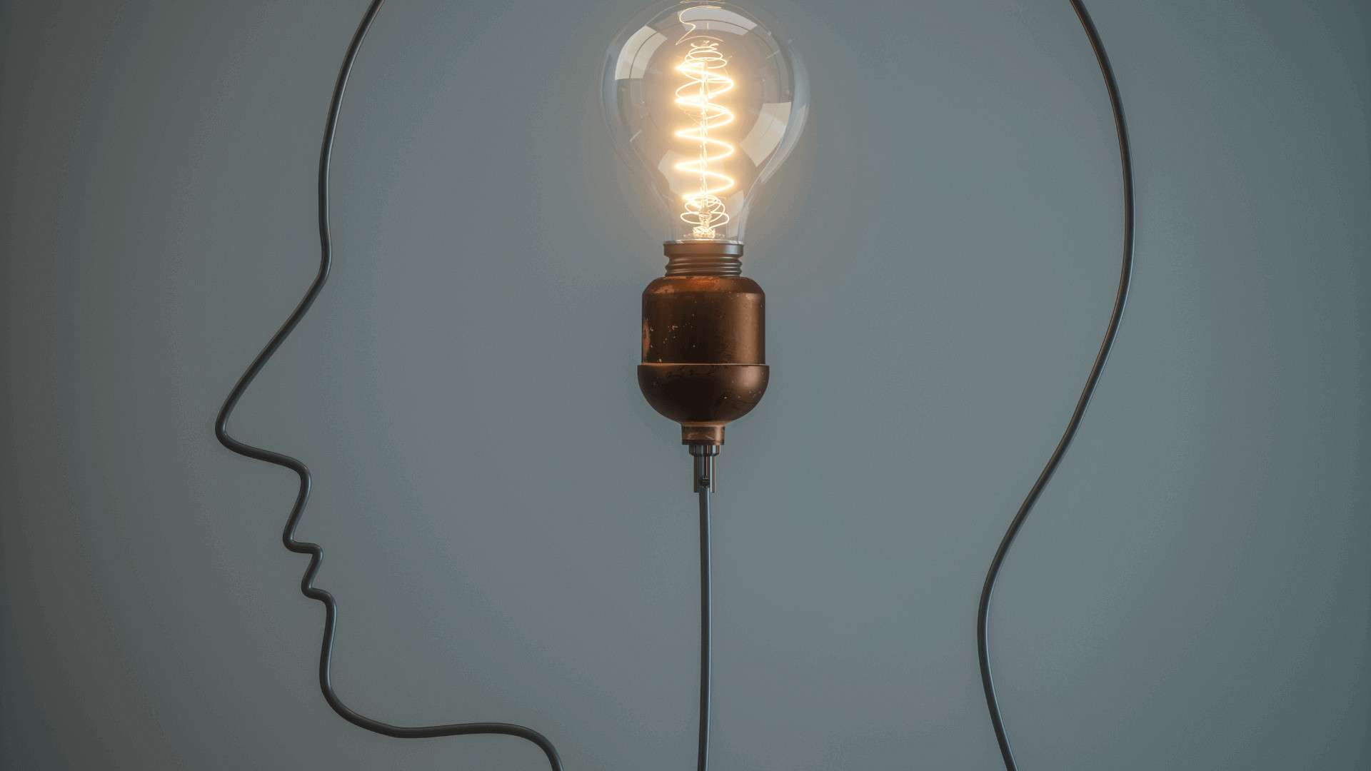 Eine Glühbirne in der Silhouette eines Kopfes, die an einem Kabel hängt.