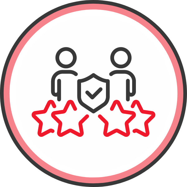 Grafik mit zwei Personen, einem Schild und drei Sternen, die Reputationsmanagement darstellen.