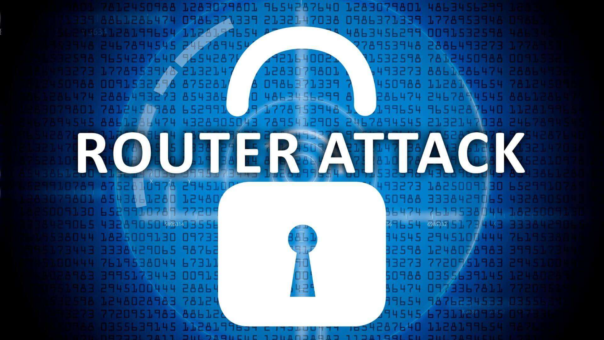 Symbol für Router-Angriff mit einem Schlosssymbol und binären Zahlen im Hintergrund.