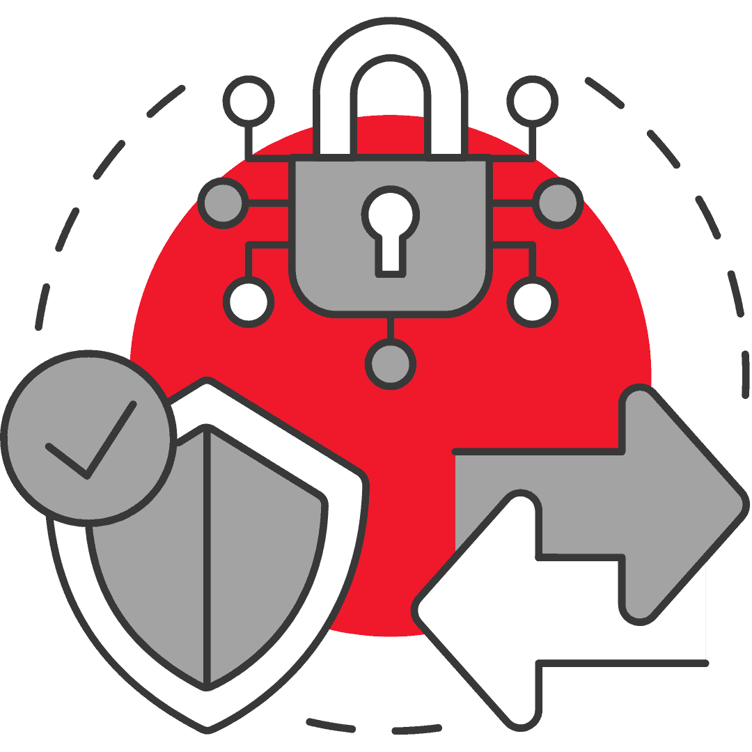 Grafik mit einem Schloss, einem Schild und Pfeilen, die Sicherheit und Datenfluss darstellen.