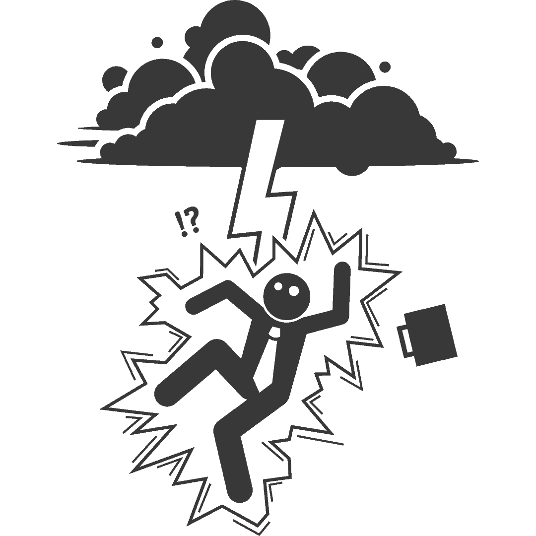 Illustration eines Blitzschlags, der eine stilisierte Person trifft, mit Wolken im Hintergrund.