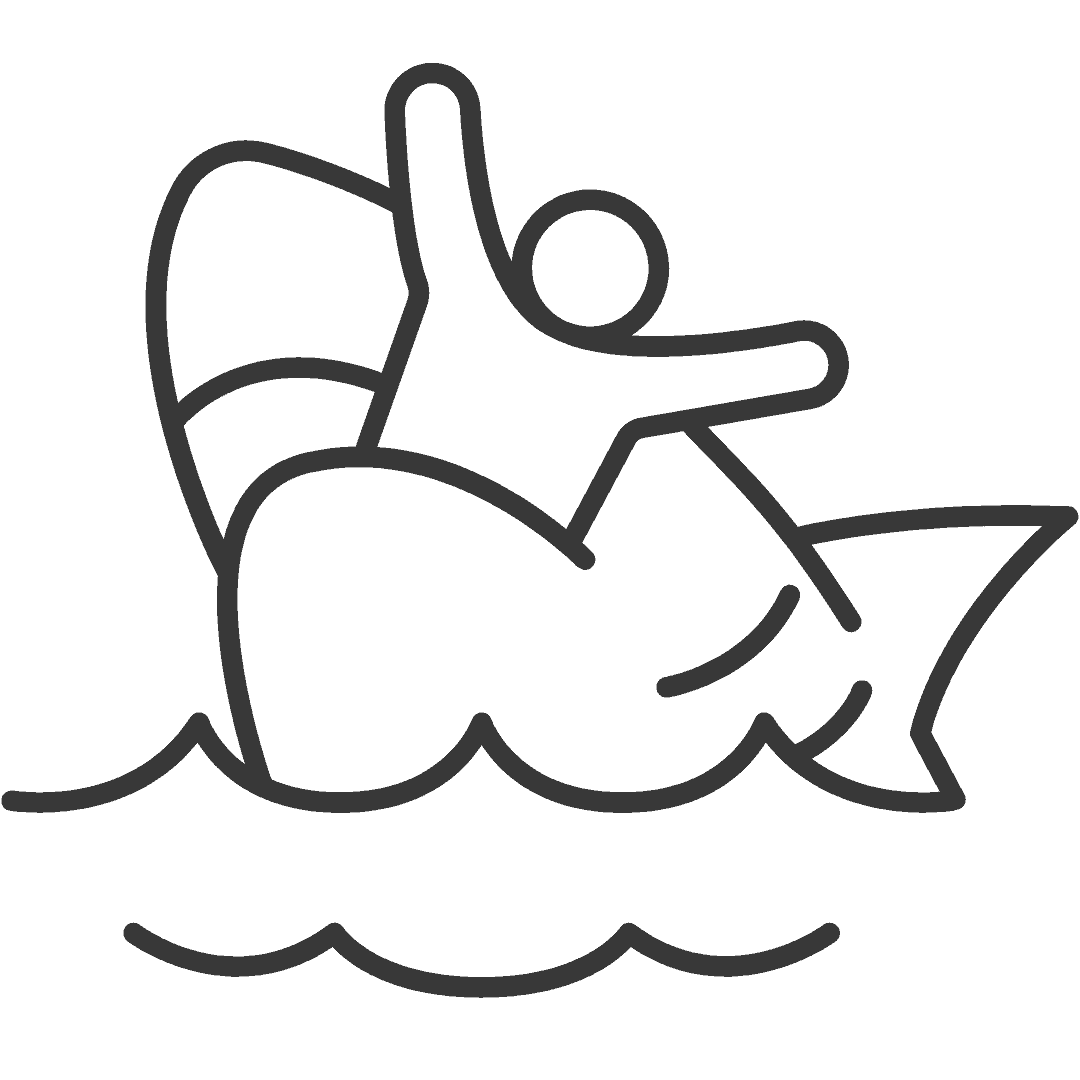 Ein stilisierter Mensch sitzt auf einem Hai, der aus dem Wasser ragt.