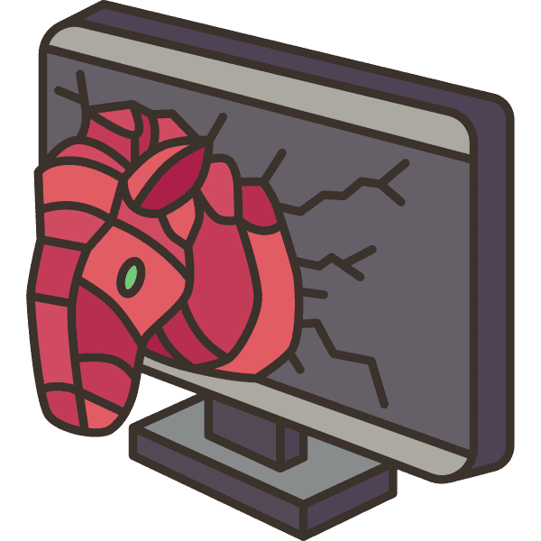 Illustration eines Trojaners, der aus einem Computerbildschirm herausragt, in roter Farbe.