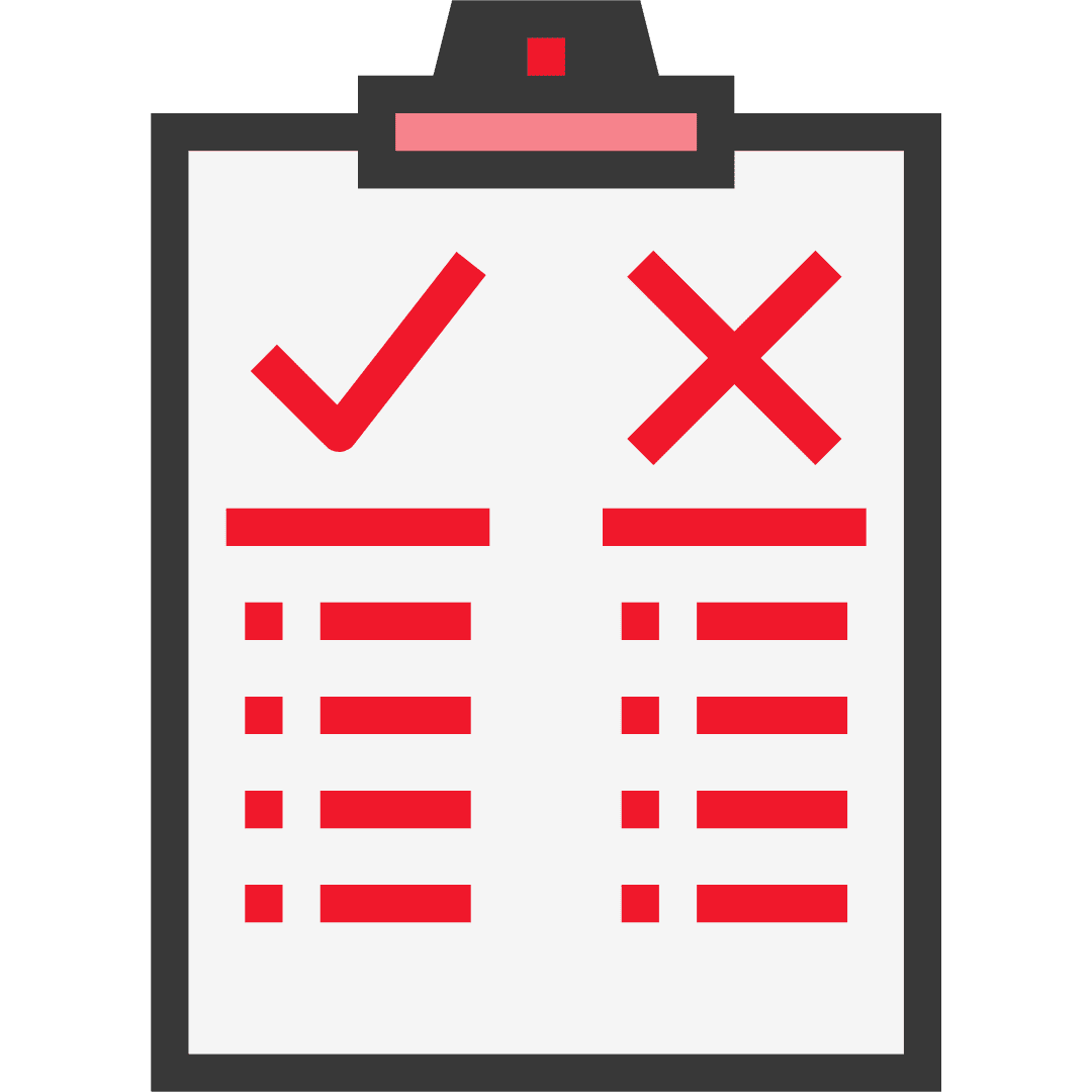 Grafik einer Checkliste mit roten Häkchen und einem roten Kreuz auf einem weißen Hintergrund.