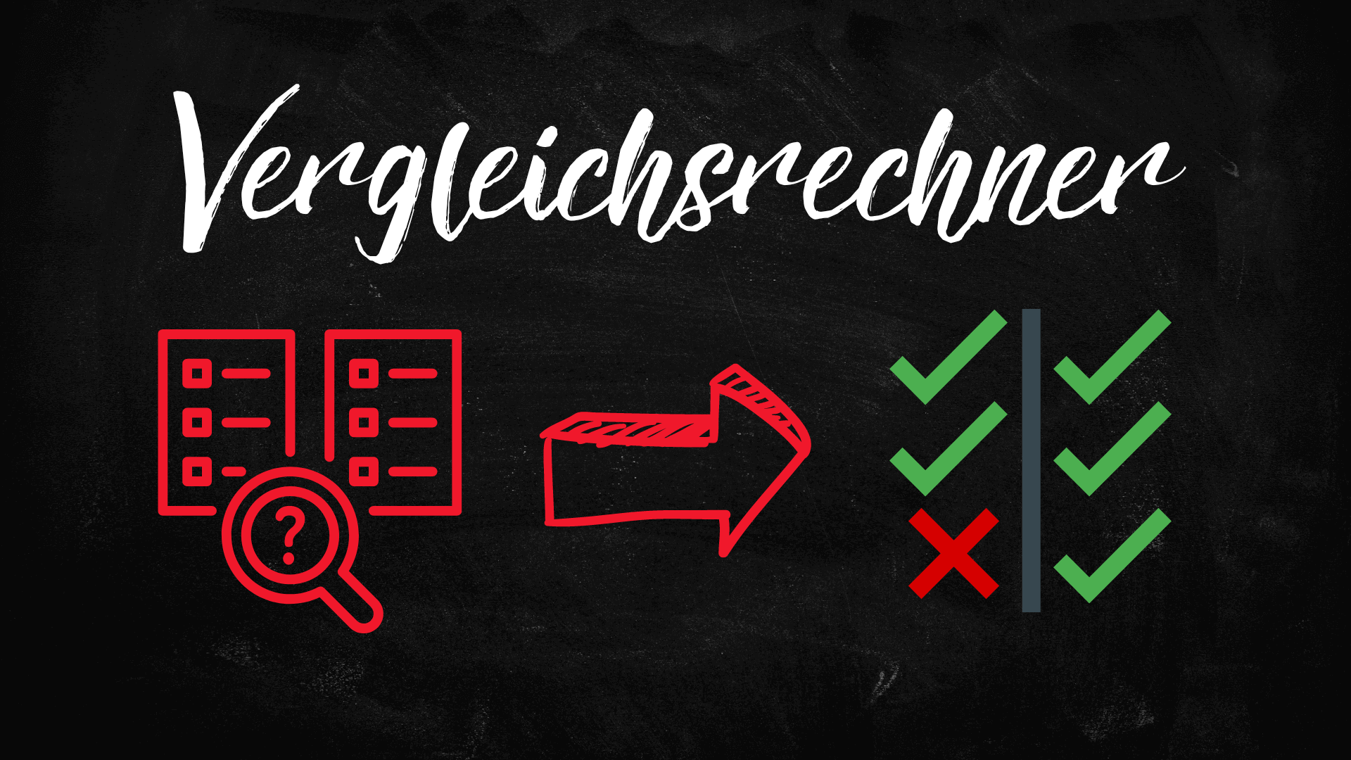 Cyberversicherung Weißer Text Vergleichsrechner oben auf schwarzem Tafelhintergrund, darunter Symbole: eine Checkliste und eine Lupe, ein nach rechts gerichteter Pfeil und zwei Vergleichsspalten - ideal für Cyber-Versicherung oder Versicherung IT-Optionen - mit Häkchen und einem roten X. Schützen Sie Ihre IT vor Cyberangriffen mit einer Cyberversicherung