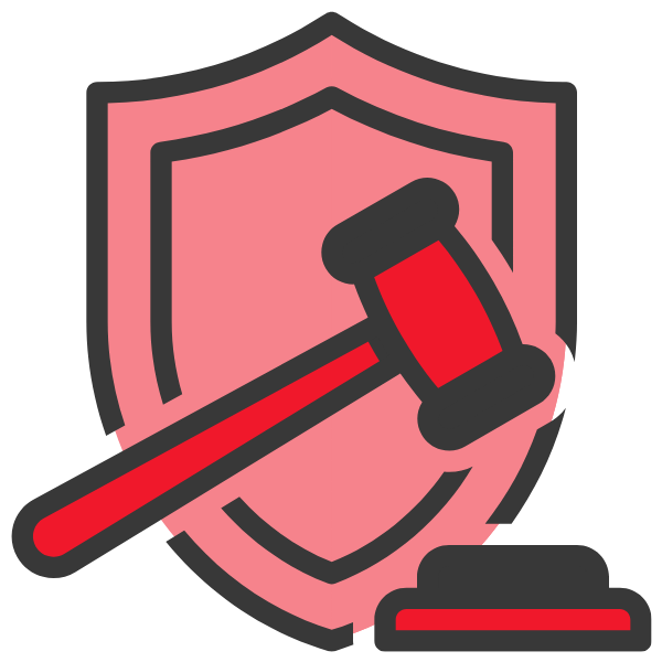 Grafisches Symbol eines Richters mit Hammer vor einem Schild in Rosa und Schwarz.
