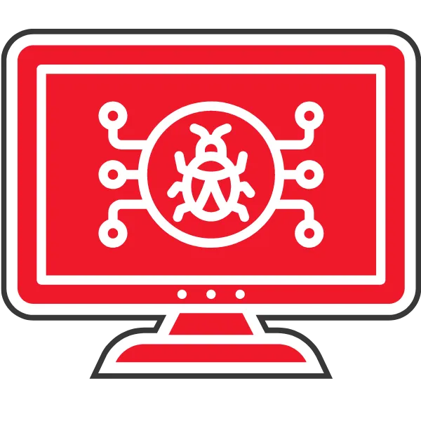 Rote Grafik eines Computerbildschirms mit einem Virus-Symbol in der Mitte.
