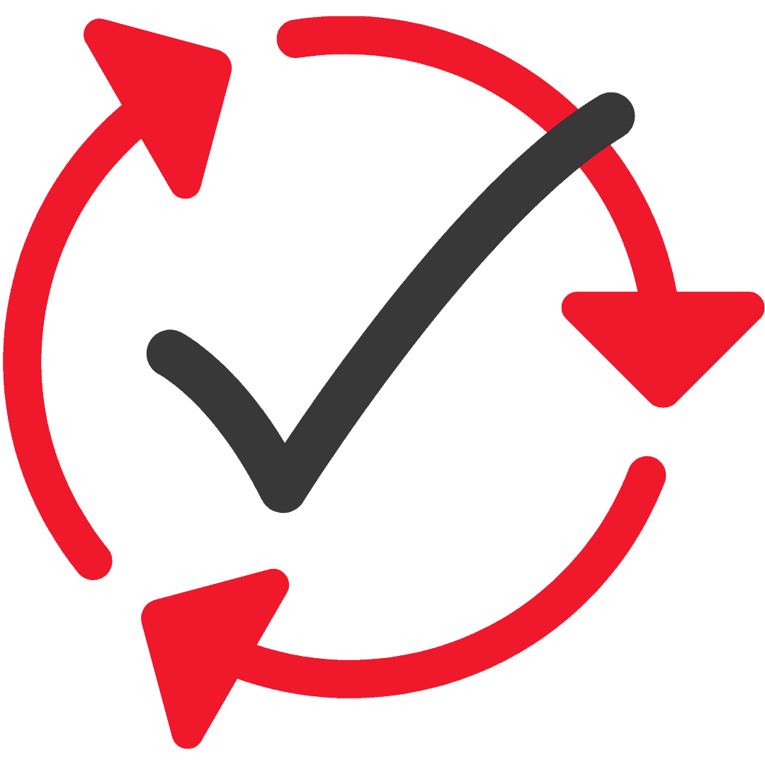 Grafisches Symbol mit Pfeilen und einem Häkchen auf rotem Hintergrund.