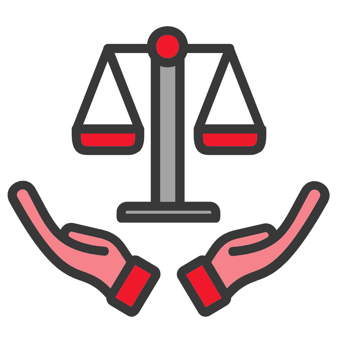 Grafik mit zwei Händen und einem Symbol, das Fairness darstellt, auf dunklem Hintergrund.