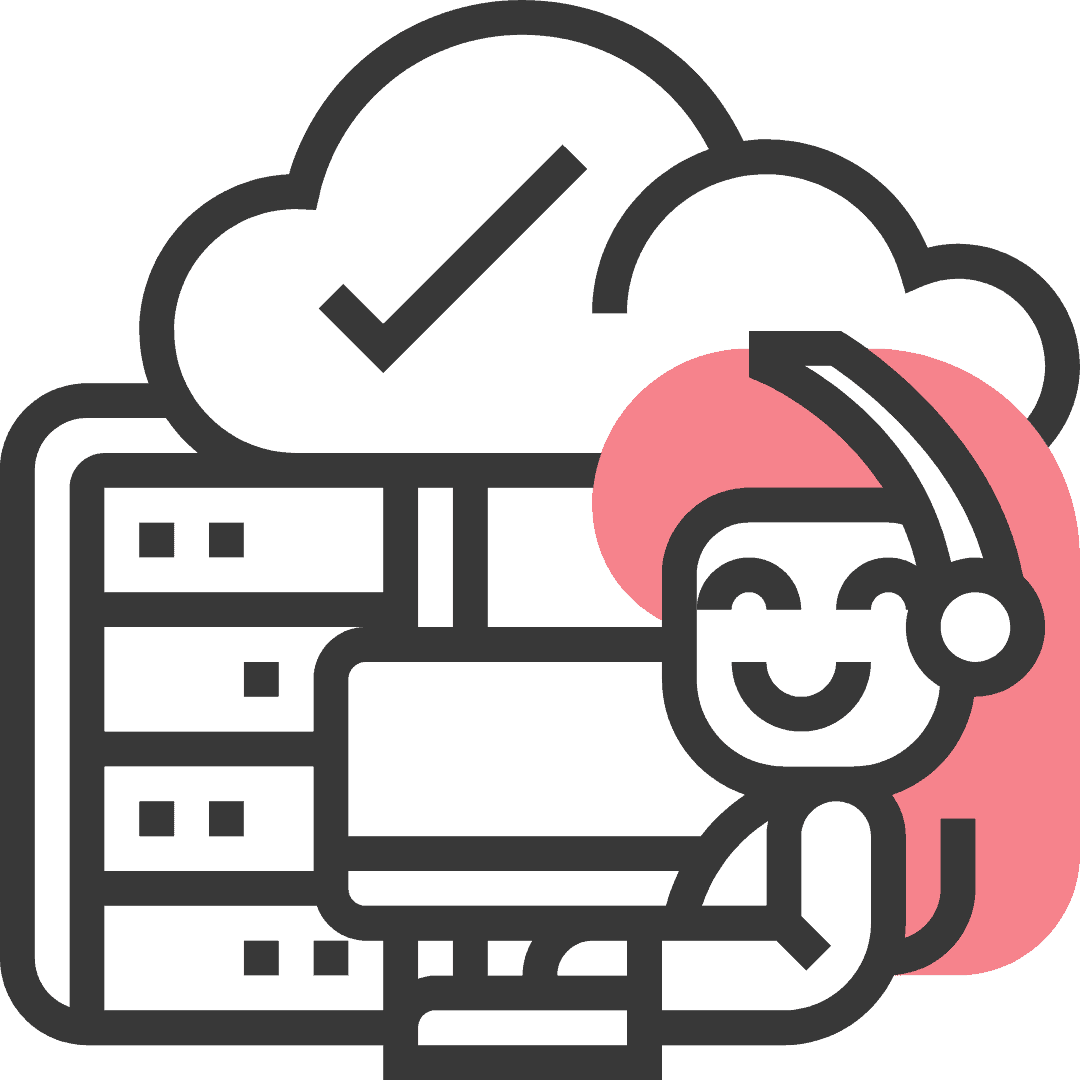Illustration eines IT-Dienstleisters mit Headset und Cloud-Computing-Symbolen im Hintergrund.