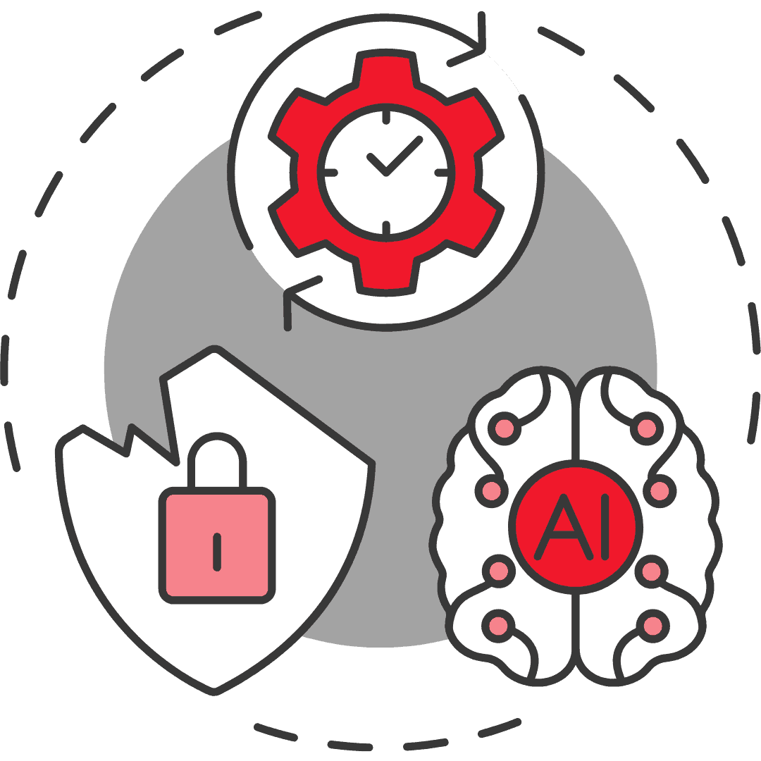 Grafik mit einem Schloss, einem Zahnrad und einem Gehirn, die Cybersicherheit und KI darstellen.